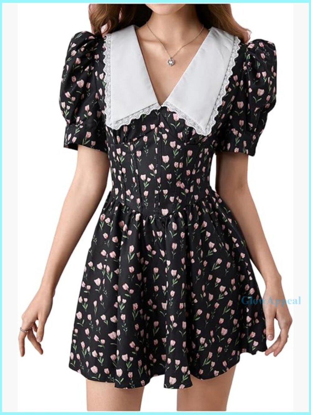 Floral A-Line Dress Puff Sleeve Collared Neck Ruffle Hem Casual Wear